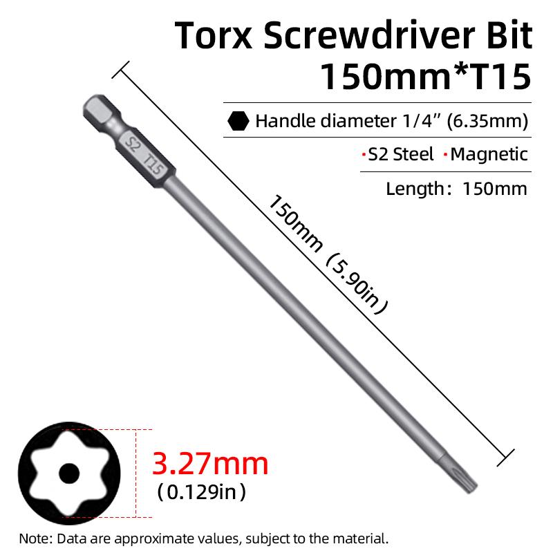 Магнитная отвертка Torx 150 мм T6-T40 1/4" шестигранный хвостовик полое отверстие сливовый цветок безопасные биты S2 сталь электрический ручной инструмент