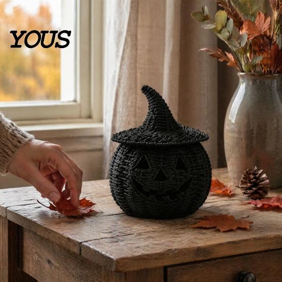 Осенний настольный centerpiece, Искусственный ротанг, Фигурка тыквы на Хэллоуин, Черная полимерная статуэтка с ведьмой, Жуткие сезонные акценты для комнаты, Шляпа, Рустикальный