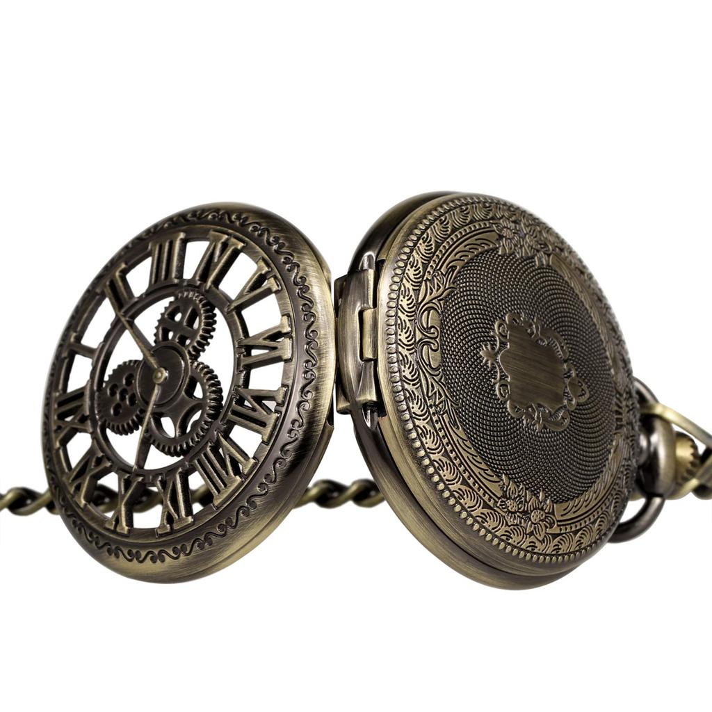 TREEWETO Скелетон с ручным заводом, механический, двойной корпус, римские цифры, антикварный, с цепочкой для ключей, бронза