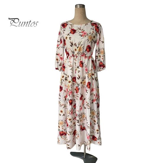 Летнее женское платье с цветочным принтом трапециевидной формы со свободным подолом в винтажном стиле с высокой талией во французском стиле с рукавами три четверти плиссированным круглым вырезом для выпускного коктейля, банкета