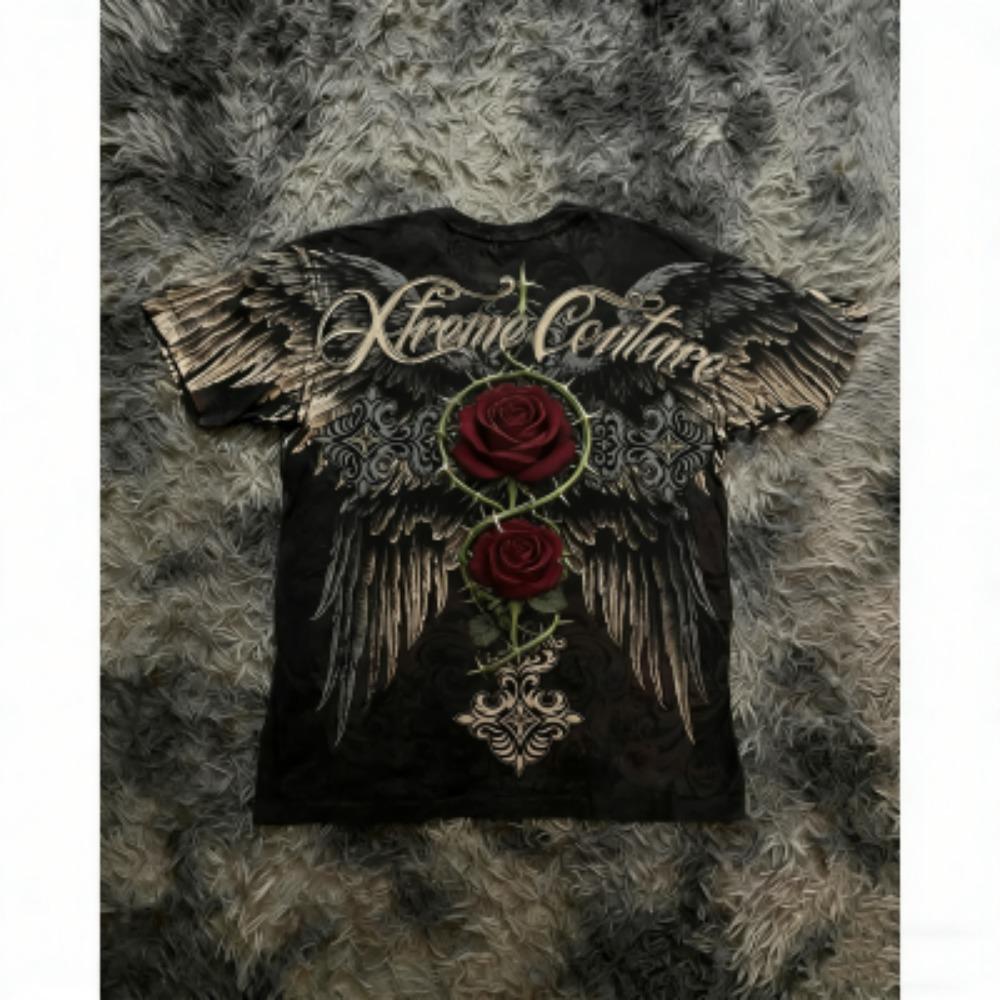 Summer Men's T-shirt Gothic Rose Cross Wing Print Tees Round Neck T-shirt Outdoor Street Style Top Casual Women's Clothing