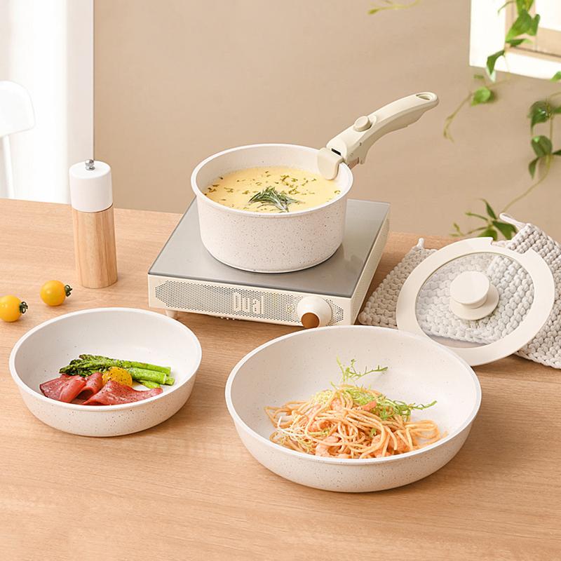 Съемная ручка Набор посуды Гранитное покрытие Антипригарные кастрюли Кастрюля для молока Сковорода Сотейник Компактный кухонный набор Штабелируемое хранение Индукционная плита Кастрюля