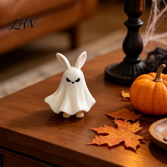 Dark Cute Desk Accessory Halloween Ghost Figurine, 3D Printed Statue with Rabbit Modern Table Centerpiece Ear, Spooky Desktop Decoration for