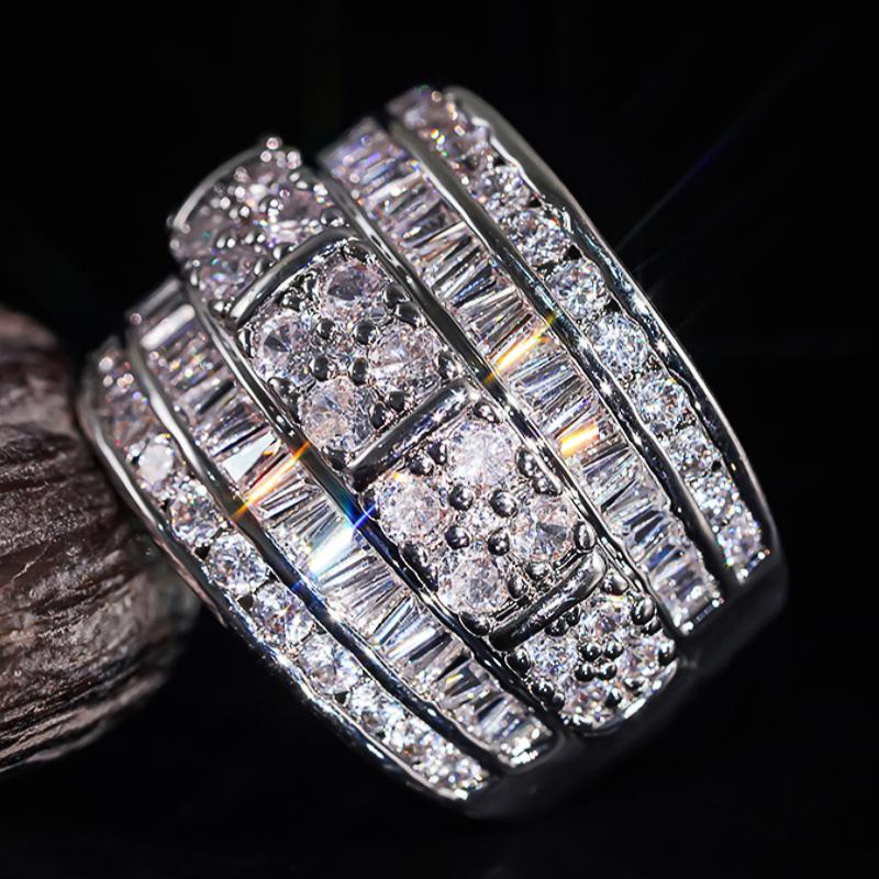 Huitan Silver Color Wide Ring for Women Inlaid Bright Cubic Zirconia Wedding Party Engagement Luxury Trendy Accessories Jewelry