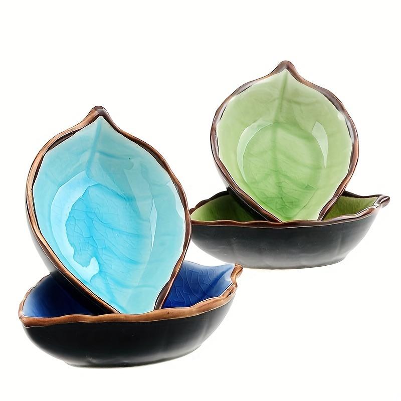 Ceramic Small Dishes Set of 4 Leaves Design Multi-use Kitchen Seasoning Dish Ice Crack Glaze Flavor Dish for Sauce Vinegar