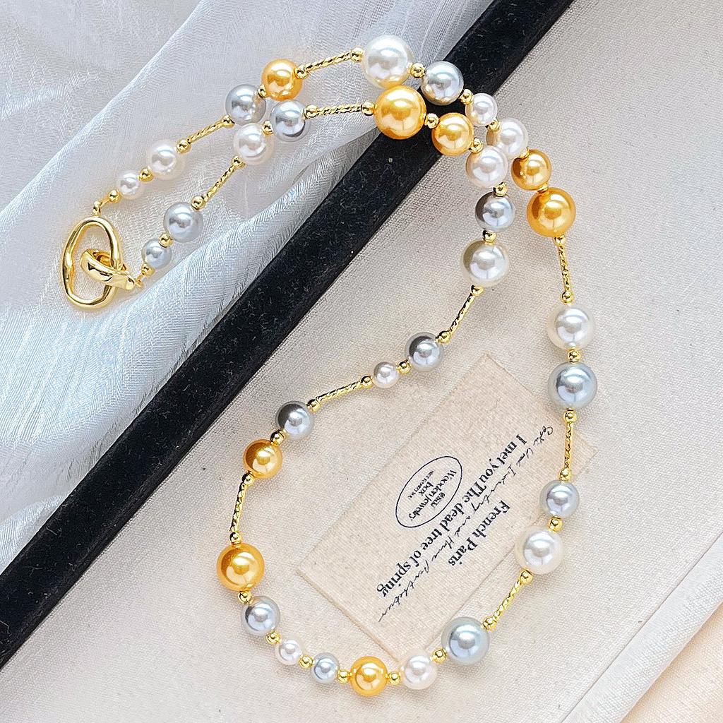 Autumn And Winter Maillard High-Gloss High-Quality Mixed-Color Shijia Pearl Collarbone Chain Sweater Chain Necklace Female