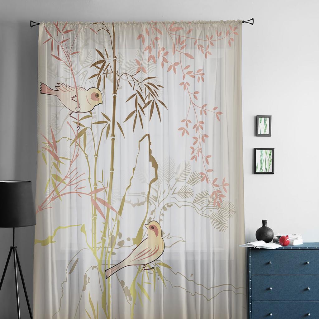 Прозрачная занавеска с бамбуковой веткой в ​​национальном стиле для спальни, тюль-вуаль, занавеска для кухни, гостиной, декор, обработка окна