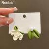 Romantic Korean Gardenia Asymmetrical Stud Earrings Light Luxury White Flower Green Leaf Earring for Women PD1497
