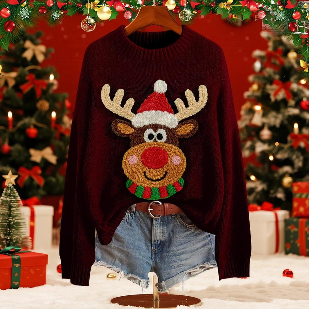 Женский модный пуловер с рождественским принтом, с длинным рукавом и вырезом под горло, вязаный свитер-топ