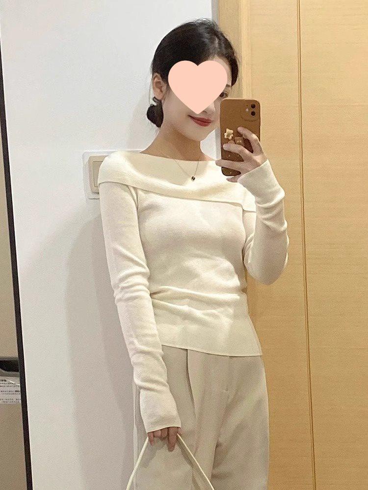French Style Off-Shoulder Knitted Long-Sleeve Top for Women - Spring/Autumn 2025 Slim-Fit Sweater