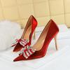 BIGTREE High Heels  Suede Surface Shallow Mouth  Pointed Rhinestone Metal Buckle  Bow Tie  and Hollow Straight Strap