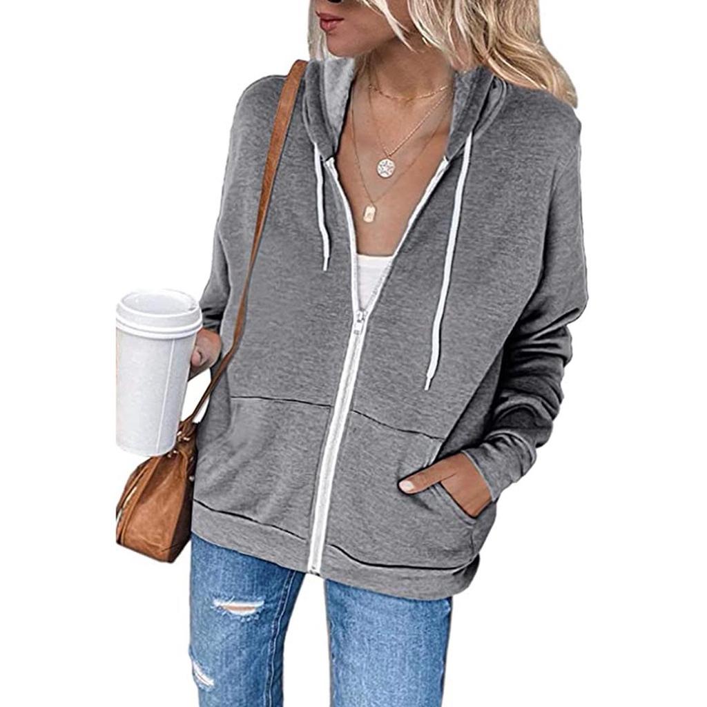 2021 Cross-Border Autumn/Winter Solid Color Hooded Zip-Up Sweatshirt with Drawstring and Pockets