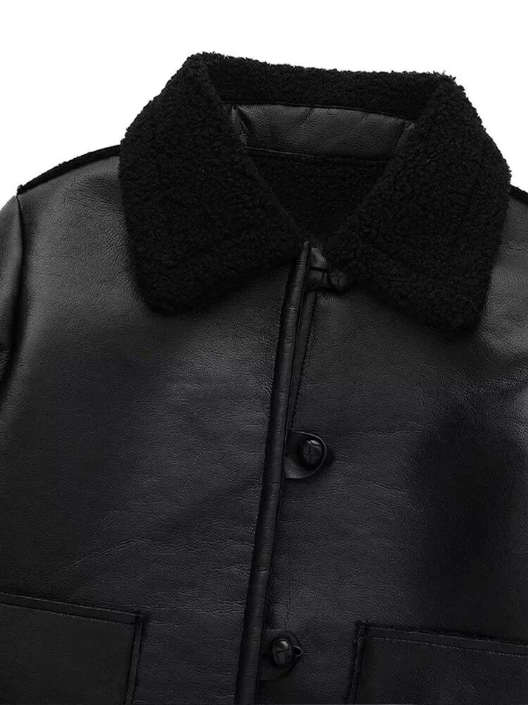 Женская куртка из искусственной кожи со встроенным карманом, женское мото пальто, осеннее толстое теплое флисовое однобортное женское пальто