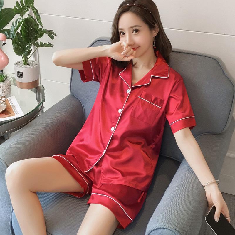 Womens Silk Satin Pajamas Set Short Sleeve Two-piece Pj Sets Sleepwear Loungewear Button-Down