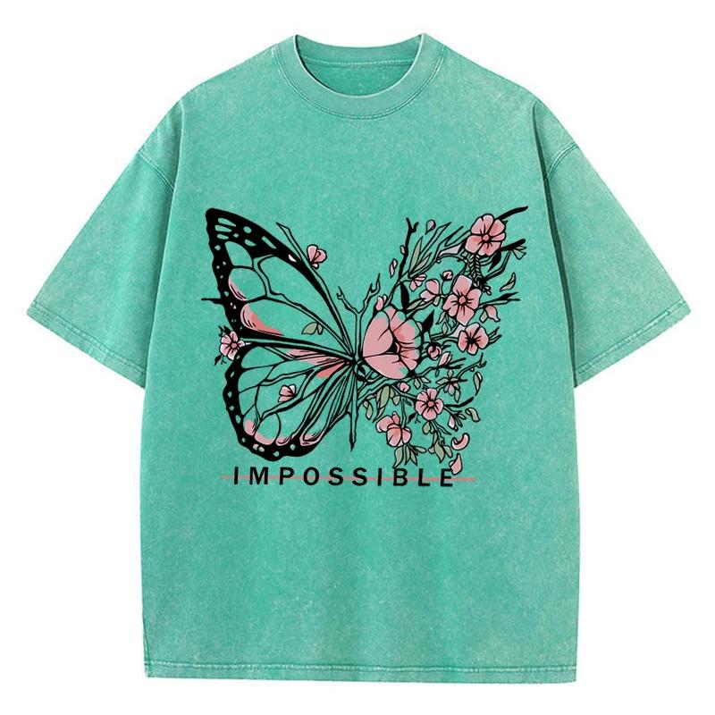 Cotton Washed T-Shirts Trend O-Neck Distressed Tees Rose Butterfly Impossible Letter Graphic Printed Tops Casual Clothes