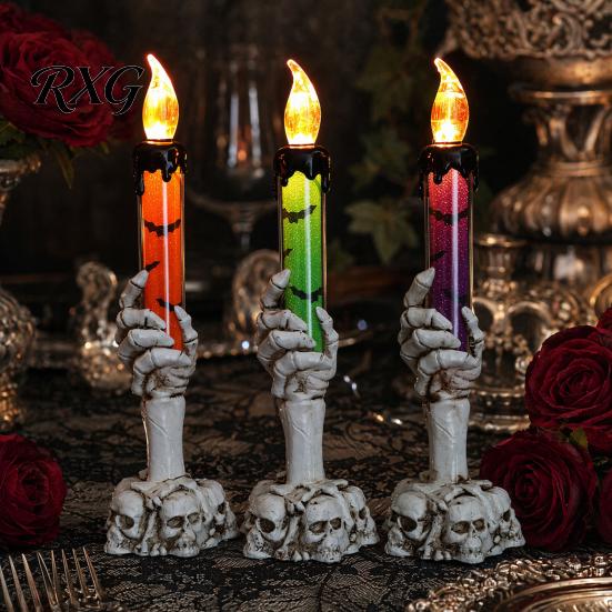 Decorative LED Flame Candles Halloween Ghost Candle Light, Spooky Hand Lamp Colorful Glitter Quicksand Tubes Tabletop Decor, Horror Light for
