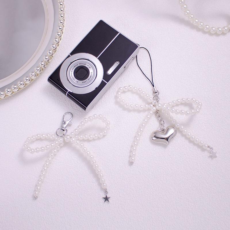 Ins Style Bowknot Pearl Beaded Key Chain Silver Love Phone Chain Headphone Case Pendant Ccd Lanyard Charms Bag Decor