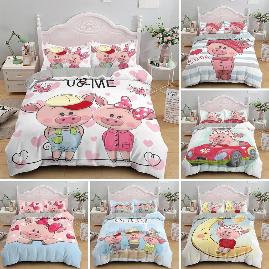 Cartoon Lovely Pig Comfortable Duvet Quilt Cover Pillowcase Bedding Set Children Bedroom Decoration Home Textile