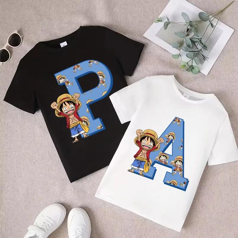 One Piece letter AZ childrens pure cotton shortsleeved boys sports shirtgirls casual top with cartoon printsummer Tshirt