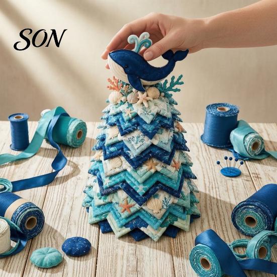 Fabric Christmas Tree Sewing Project DIY Quilted Ocean Kit, Holiday 3D Patchwork Craft Summer Beach Themed Home Decor Coastal Theme Handmade