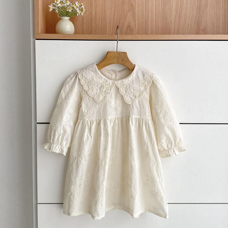 Girls Long Sleeve Dress Kids Fashionable Turn-down Collar Embroidered Princess
