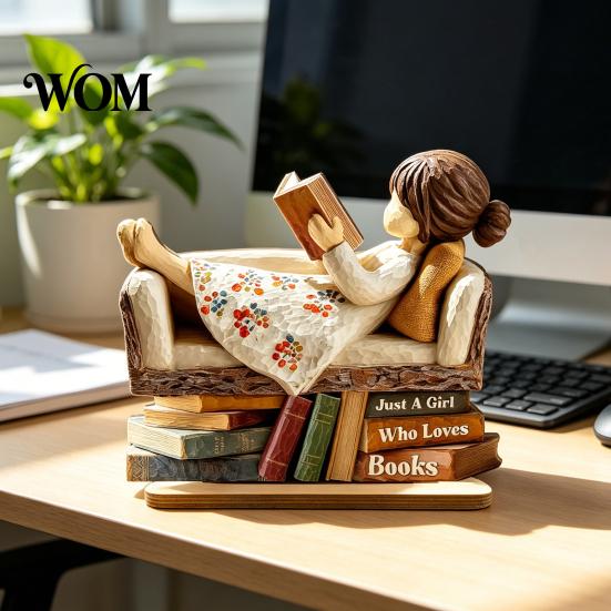 Unique Gift for Avid Readers Woman Reading Book Wooden Plaque, Just A Girl/Boys Who Loves Statue Bookish Home Office Decoration Shelf Desk,