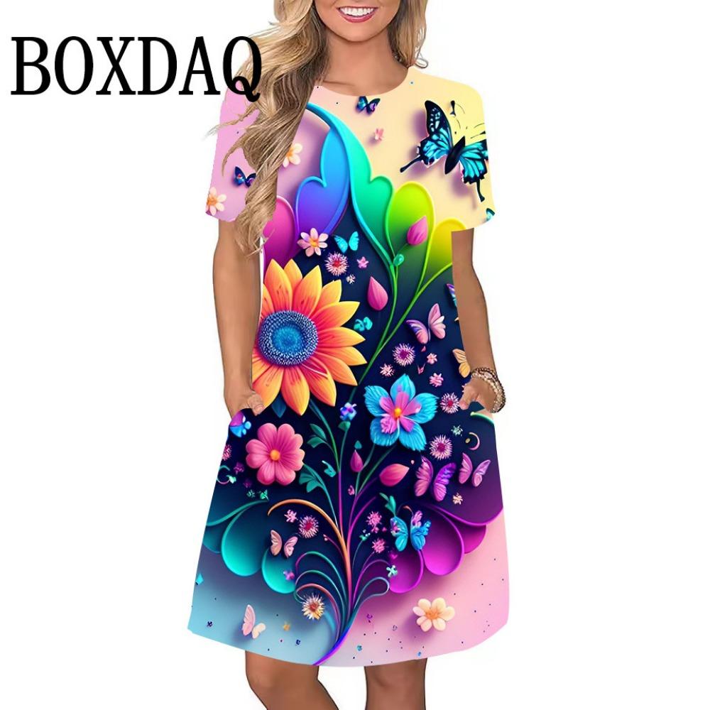 Летнее платье с принтом синих роз для женщин, элегантное платье с короткими рукавами и круглым вырезом для пляжной вечеринки, свободная и повседневная женская одежда