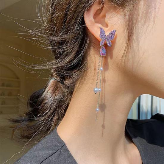 1 пара серег-гвоздиков со стразами и бабочками с длинными кисточками из искусственного жемчуга, элегантное очарование в форме капли воды