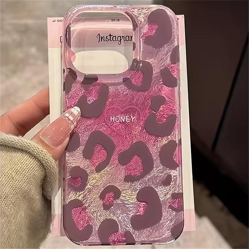 Чехол для телефона для iPhone 16 Pro Max 15 14 Plus 13 12 11 Милый Розовый Леопардовый Принт Стильный Прекрасный Сердечко Мягкая Обложка