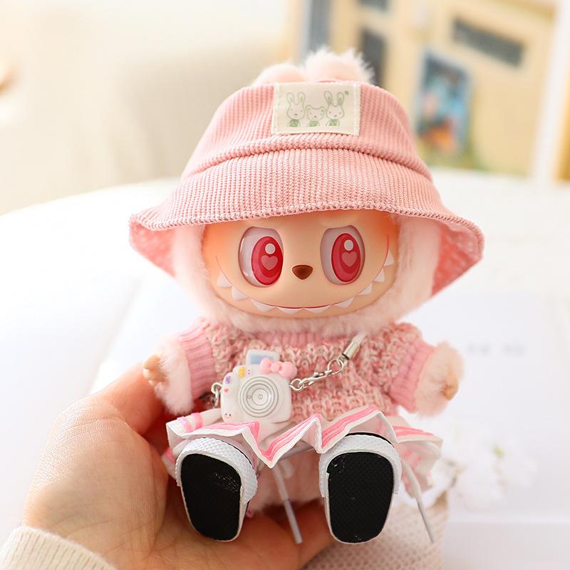 For 17cm Labubu Mini Doll Clothes Outfit Soft Knitted Sweater Suit Sitting Party JK Pleated Skirt Set Kawaii Bear Dress DIY Toy