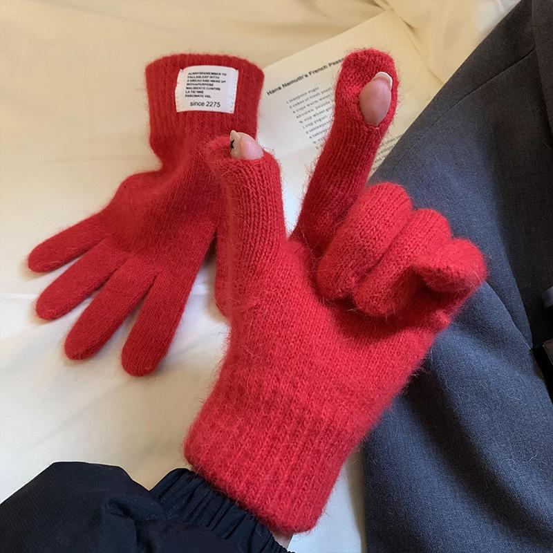 Новые однотонные теплые утолщенные вязаные перчатки для женщин на зиму с сенсорным экраном без пальцев, шерстяные студенческие велосипедные перчатки