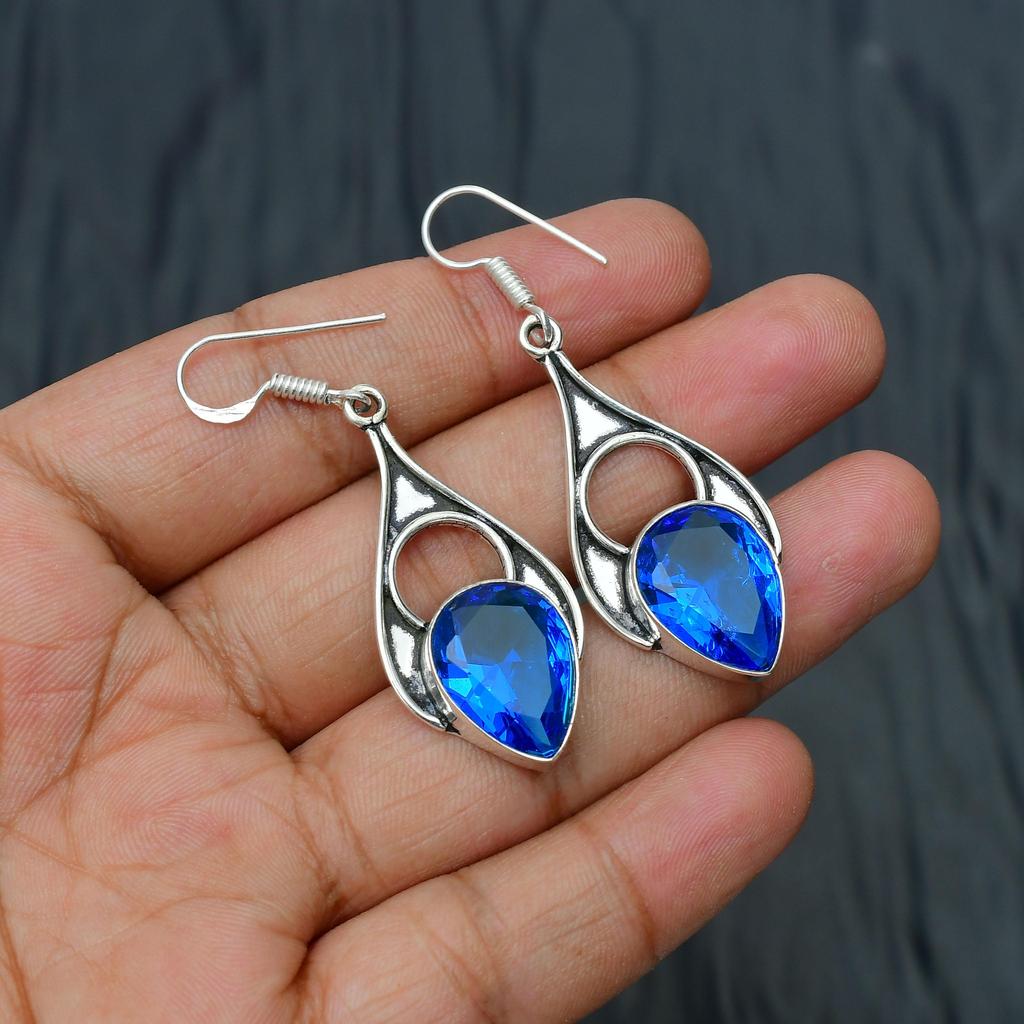 London Blue Topaz Gemstone Handmade 925 Sterling Silver Jewelry Earring