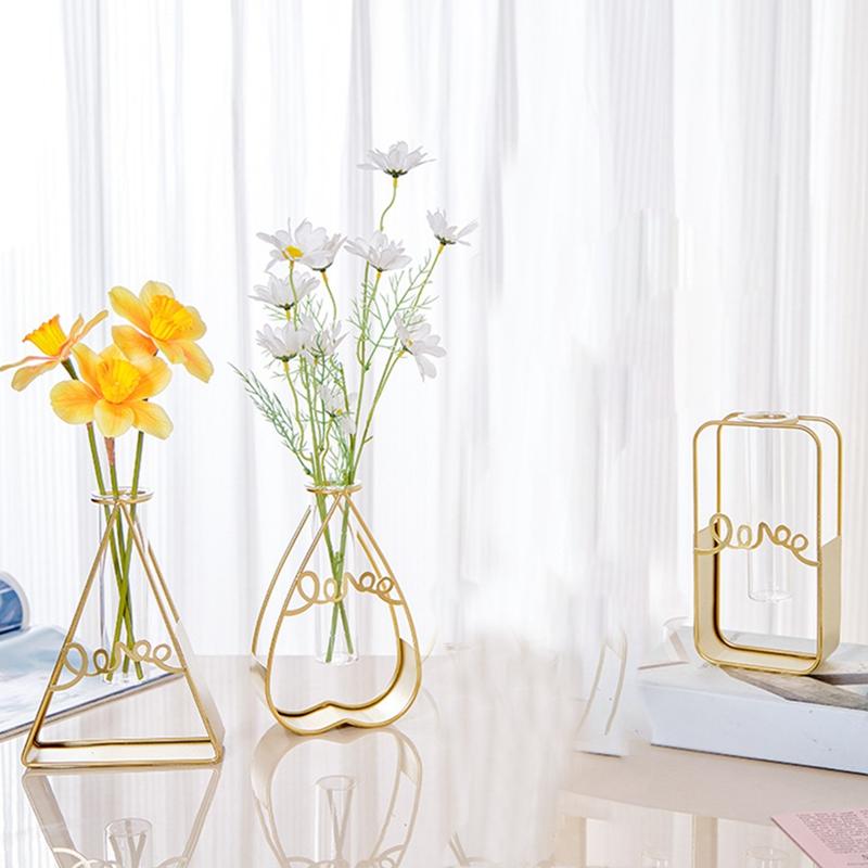 Металлическая подставка для вазы для цветов, прозрачная стеклянная ваза, любовные подарки, настольное украшение для дома, скандинавский стиль, домашний декор, офисное украшение