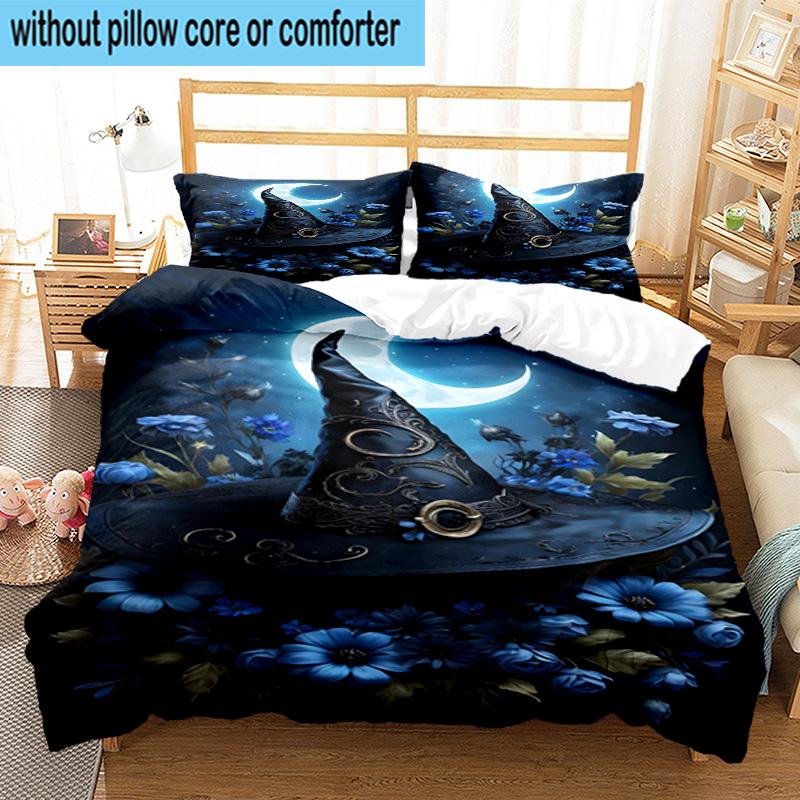 Witch's Hat And Crescent Moon 3pcs Bedding,Including 1pc Duvet Cover And 2pcs Pillowcases Perfect for Christmas,Ideal for Bedroom, Dormitory