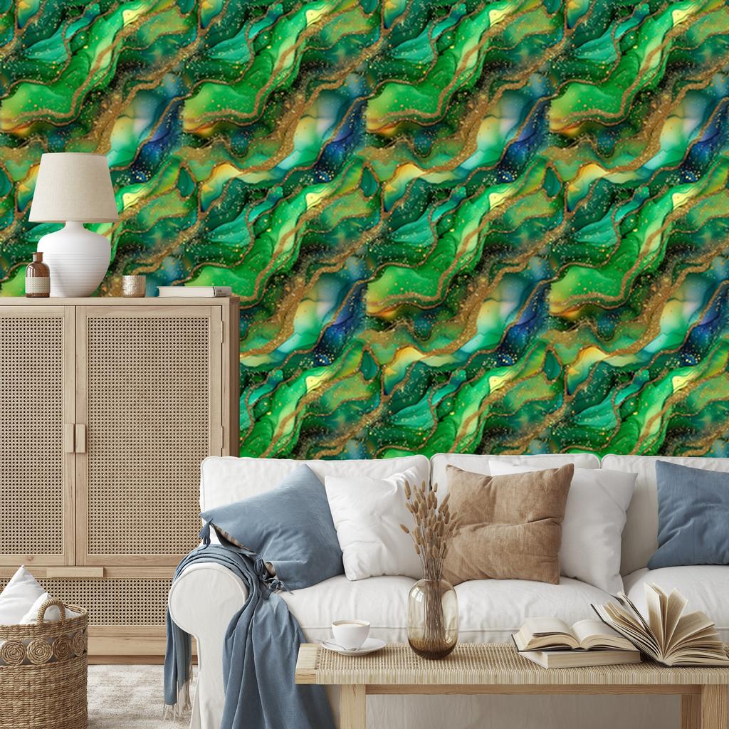 Ink green, bottle green, sea green and yellow wallpaper 50x1000