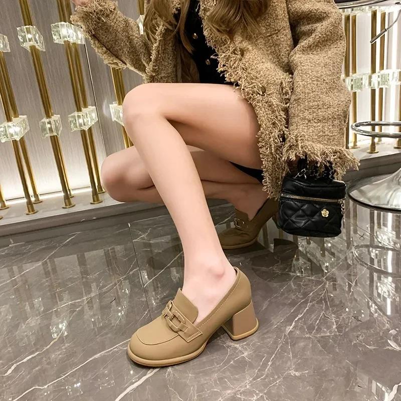 Retro Janes Pumps for Womens British Style Round Toe Sofl Leather Slip-On Shallow Shoes Zapatos De Mujer