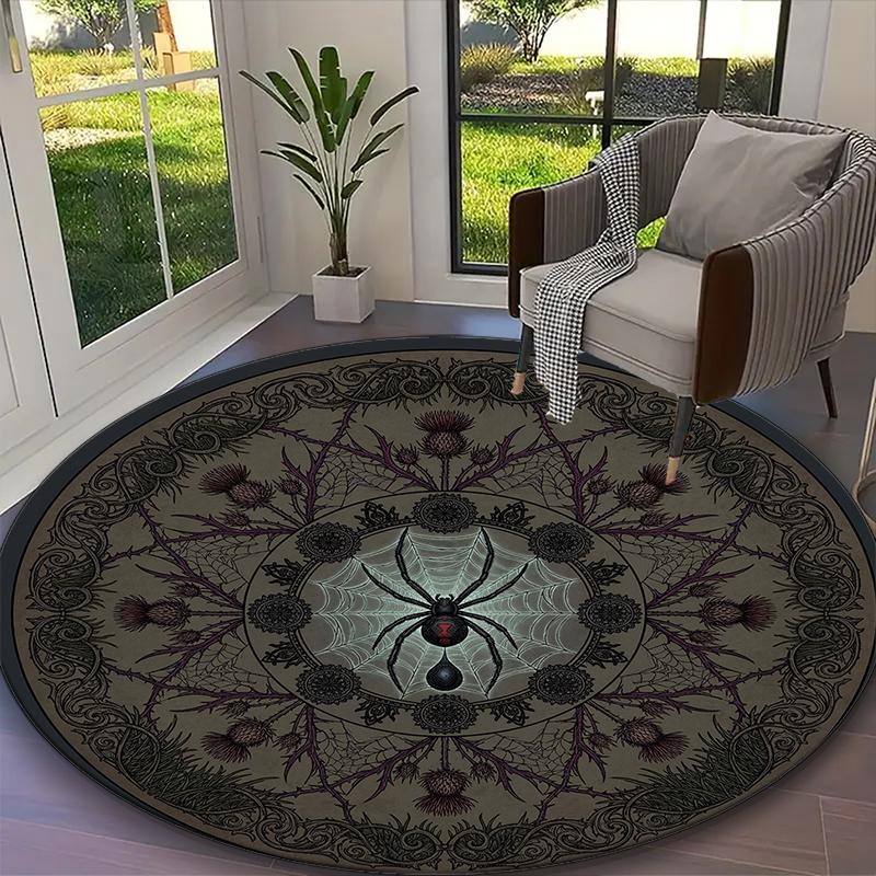 1pc Digital Printed Chair Rug for Home Office Use, Dark Gothic Spider Web Blooms Carpet Appropriate for All Seasons, Soft Round Carpet
