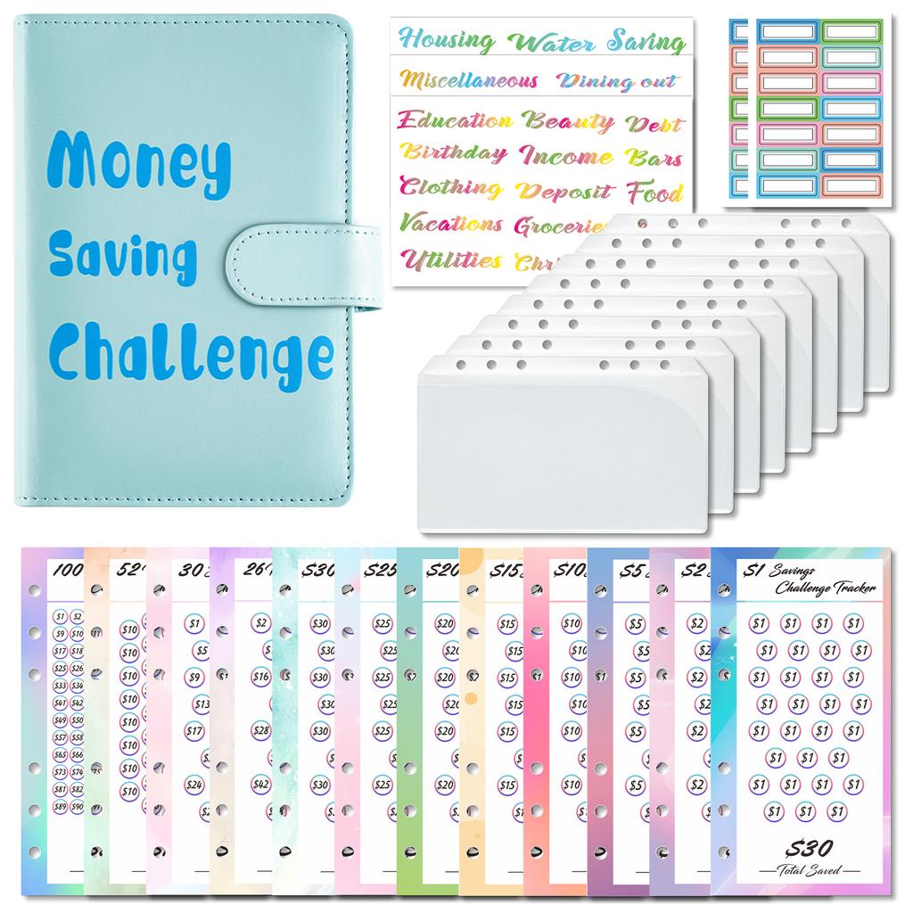 A6 Macarone Money Saving Challenge with 8Pcs Loose-Leaf Binder Budget Binder with Cash Envelopes Money Organizer System