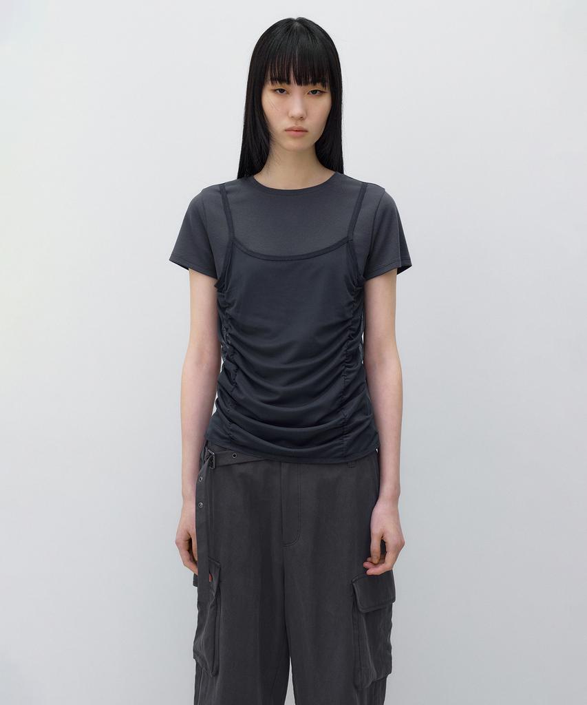 INSILENCE WOMEN Mesh Layered Short Sleeve Charcoal