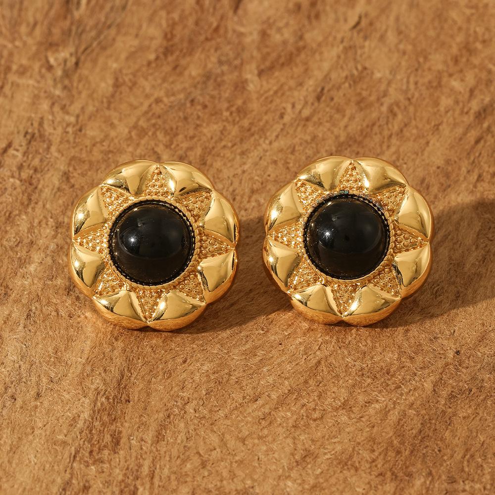 Medieval vintage sun flower natural turquoise stud earrings relief pattern heavy industry black agate light luxury temperament earrings