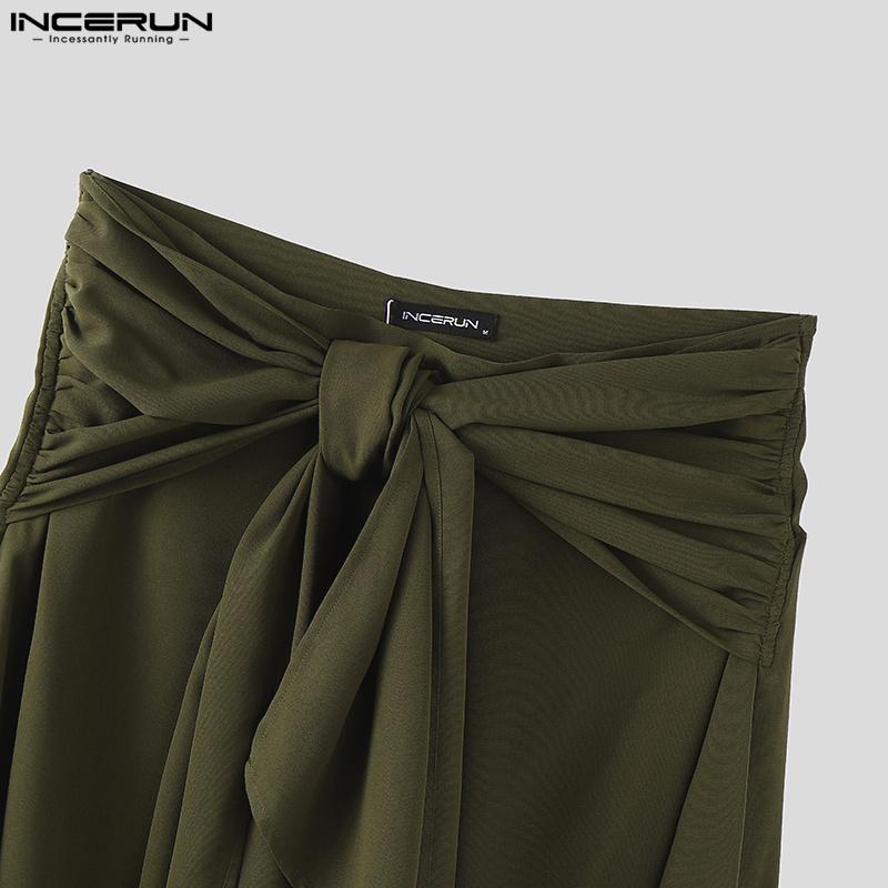 INCERUN Мужские повседневные полупрозрачные брюки-шаровары со шнуровкой и неровными слоями, со складками