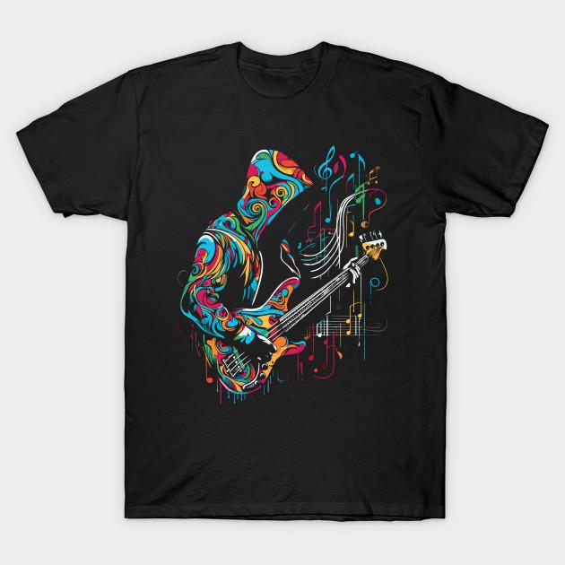 Asian Size Men Black Print T-shirt Bass Guitar Player Colorful No-Cut Heat Transfer Print Cotton Tshirt