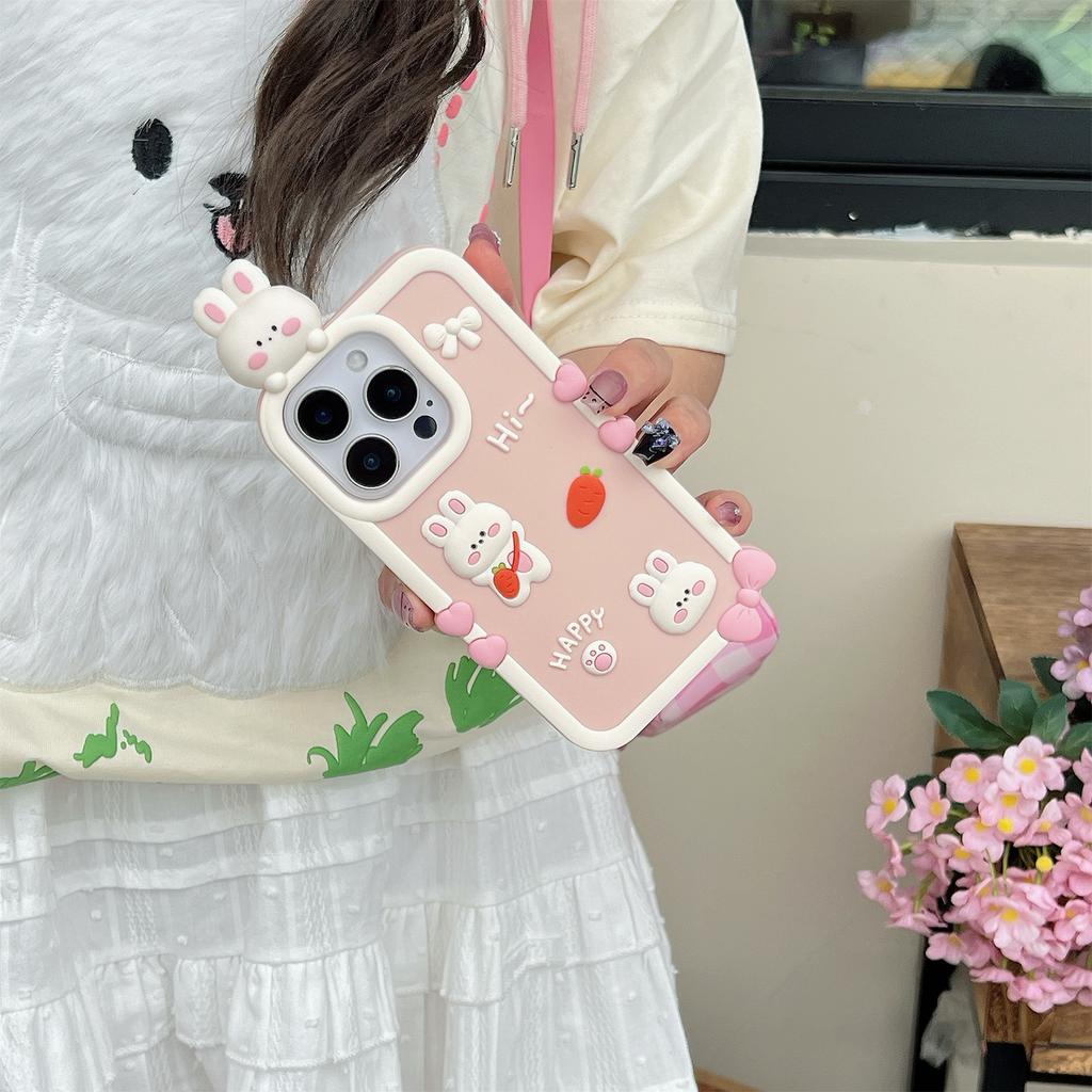 For iPhone 16 Pro Silicone Case Cute 3D Cartoon Carrot Rabbit Design Shockproof Phone Back Cover