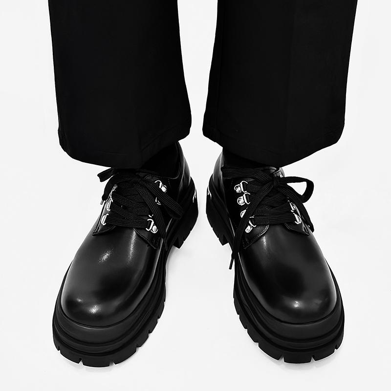 Fashion Casual Thick Soled Men's Leather Shoes Fashion Party Style Outdoor Trendy Streets Daily Derby Black Shoes Thick Soled Popular