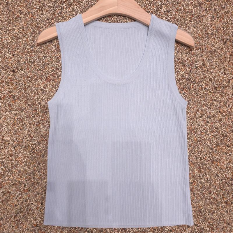 Shop Women U Neck sUmmer Ribbed Sleeveless KniT T shirT Brown 21ds Wkn 5251