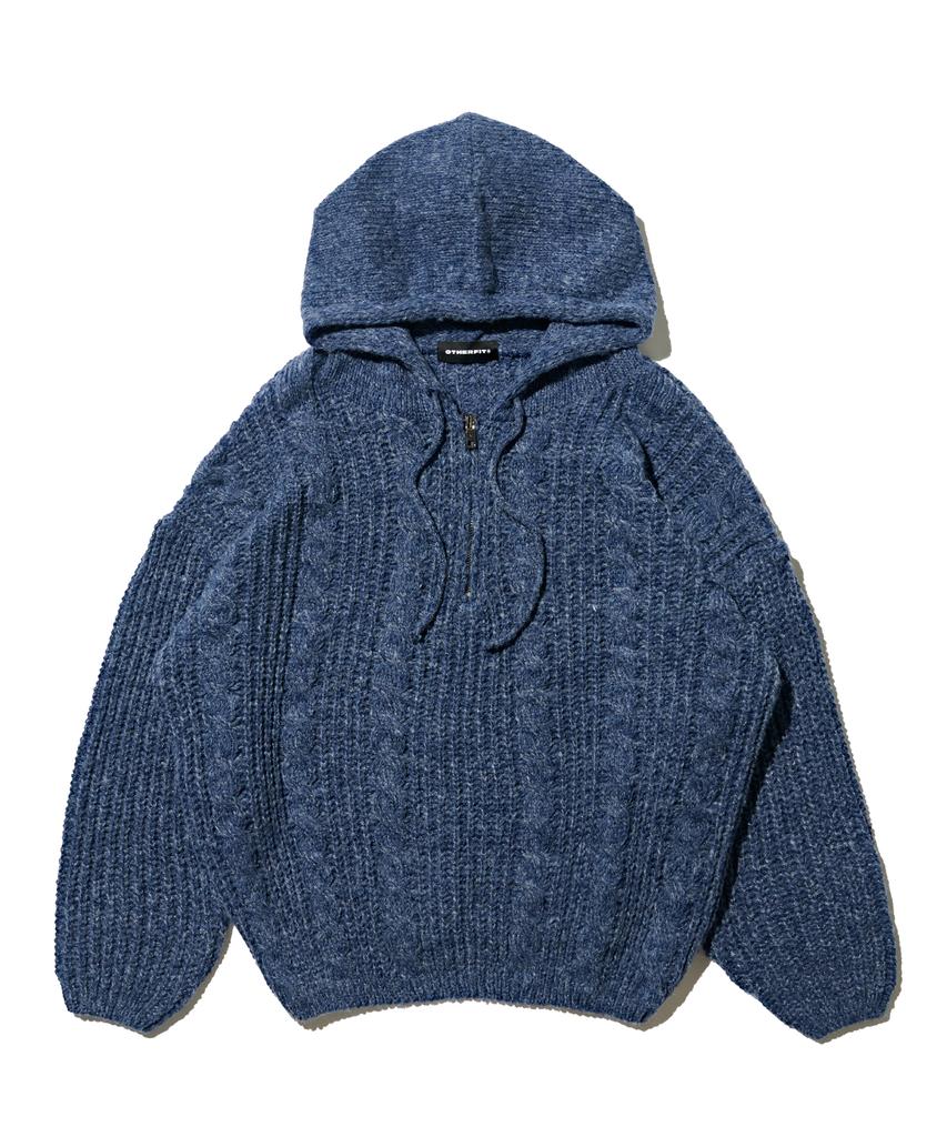 OTHERFITS Cable Weight Knit Hoodie Half Zip (Navy)