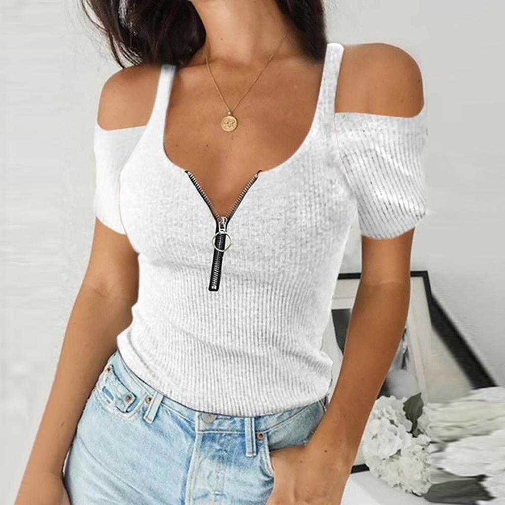 Women's V-Neck Solid Off Shoulder T-shirt Short Sleeves Blouse Plus Size Tops