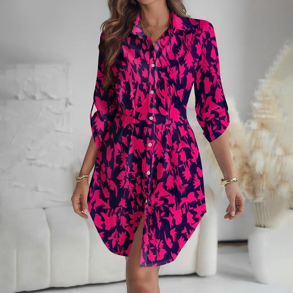 Женское платье свободного кроя с V-образным вырезом и длинными рукавами, с принтом, платье-рубашка для работы