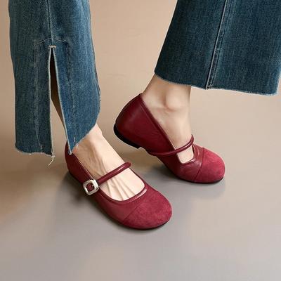 Версия из овчины~ внутренняя высота увеличивается на 5 см, цветная отделка, туфли Мэри Джейн с круглым носком, туфли-лодочки с ремешком, маленькие кожаные туфли, ретро, корейская версия, одинарные