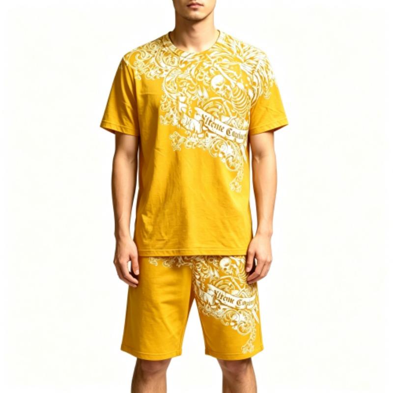 Summer Casual Retro Skull Printed Round Neck Short Sleeved Kids T-Shirt And Shorts Set Boy's and Girl's T-shirt Shorts Set
